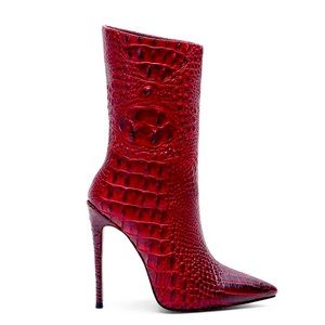 Red Croc-Embossed Ankle Boots